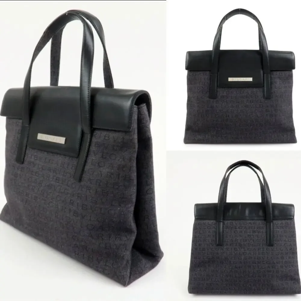 💎✨Authentic✨💎BVLGARI Logo Mania Canvas Leather Tote Bag Hand Bag Black - Picture 1 of 17